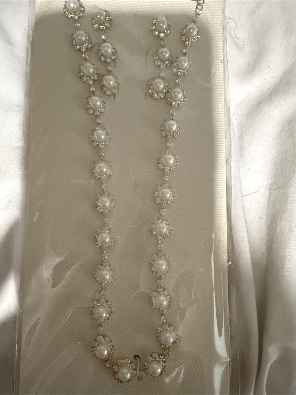 Pearl and Crystal Drop Necklace - White and Silver with straight dangle earrings